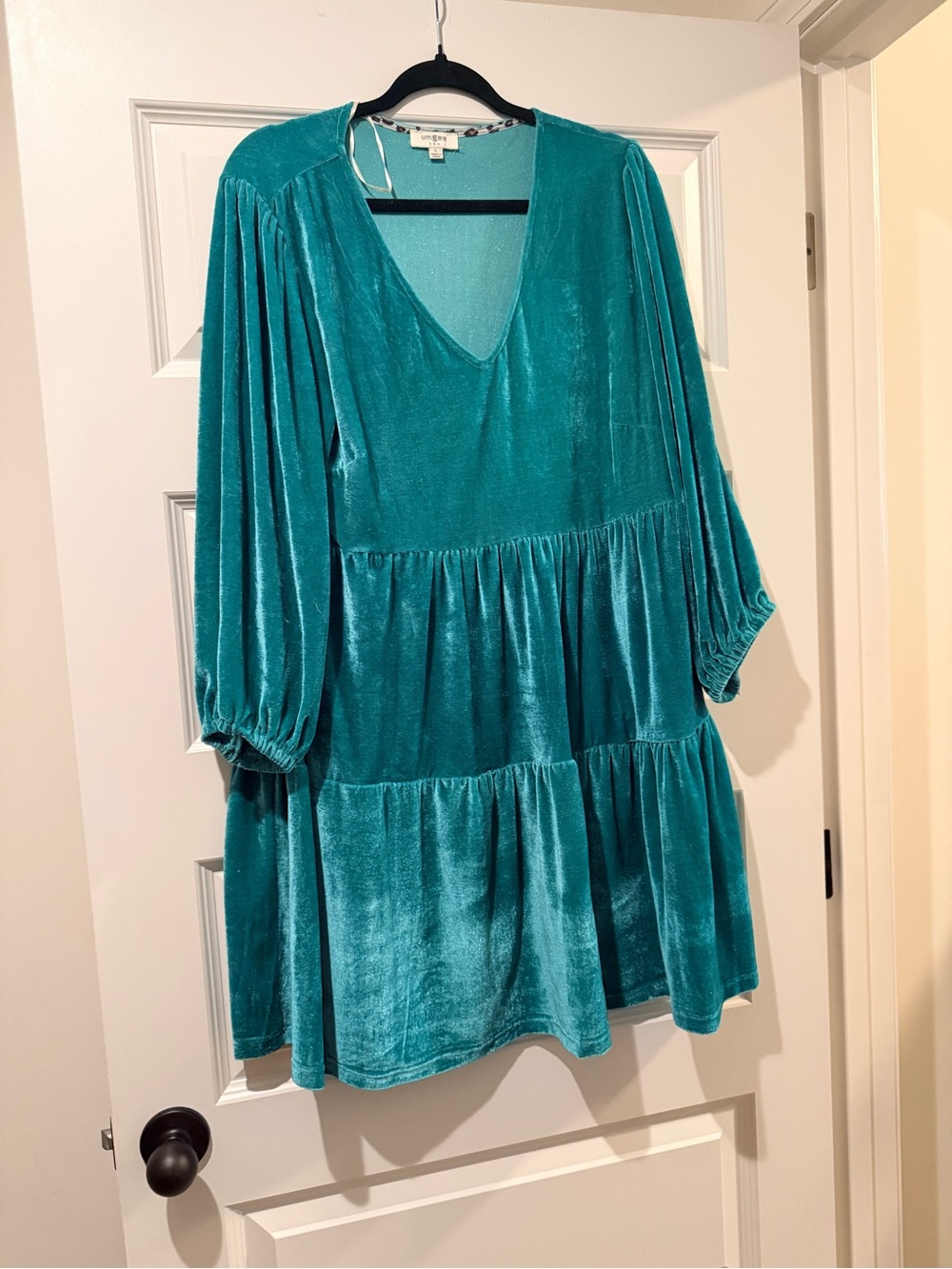 Umgee Green Velvet Tiered V-Neck Dress